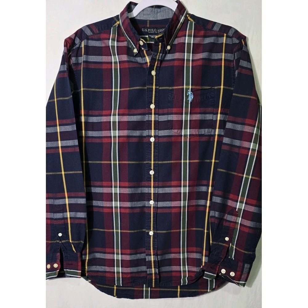 US Polo Assn Shirt Mens Medium Plaid Flannel Button Down Long Sleeve Blue Pony
